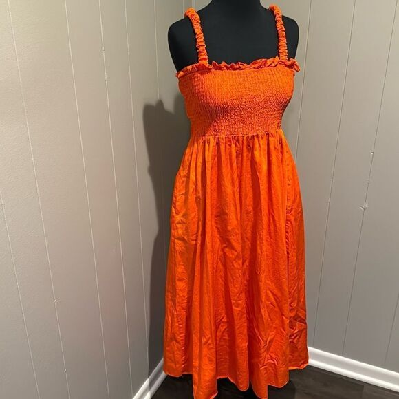 Topshop bright orange elastic strappy smocked ruffle bodice 100% cotton midi. - Picture 2 of 7